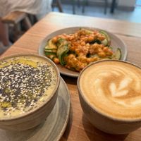 Lunch with zucchini gaspacho, cucumber & chickpeas salad, Latte Black Cardamom. at Brouillon in Paris