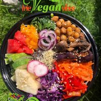 Vegan Buddha Bowl (Rice Noodles as base; Toppings; Watermelon, cucumbers, pineapple, pumpkin, calaloo, chickpeas, eggplant, carrots, sweet peppers, purple cabbage, radish, purple o at Irie Vegan Vibes in Georgetown