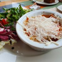 Vegan lasagna with salad at Mumbles Pier in Swansea