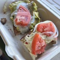 Avocado toast half and Egg-less salad sandwich half  at Maui Kombucha in Haiku