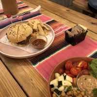 Banana blossom burger and vegan bowl  at El Patio in Bocas Del Toro