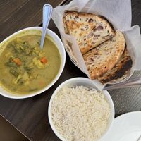 Vegetable Korma, Onion Kulcha(SO GOOD), and ricee  at Masala Desi Cafe in Burlingame