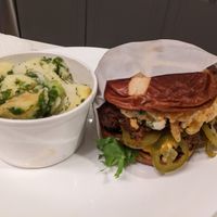 Poppin' jalapeno burger with lemon dill potato salad at Native Foods - Wicker Park in Chicago