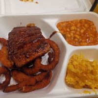 Ribs, mac and cheese, beans and onion rings at Lord of the Fries in Windsor