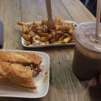 Melbourne hotdog, poutine, and a soy shake at Lord of the Fries in Windsor