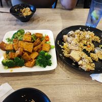 Tofu with broccoli, and fried rice at Happy Buddha Kitchen in Temple City