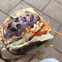 Vegan hummus bagel with blueberry bagel  at Karsmakers Coffee House in Brussels