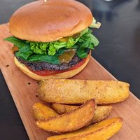 Oveja Negra burger. Quite few fries at Karavan in San Pedro De Atacama