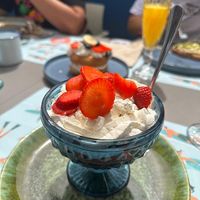 Strawberries and fresh cream   at Papaventos in Pontevedra