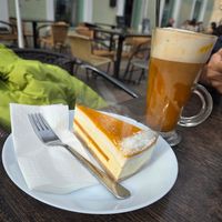 Mango maracuja coconut cake and Pumpkin Spice latte with almond milk at La Fontana in Esztergom