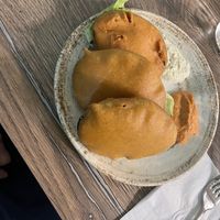 Battered egg plant starter on a smaller plate, pieces approx 10(?)cm  at Le Petit Veg in Paris