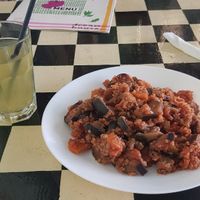 Homemade lemonade and eggplant tomato dish of the day at Dream House in Sofia