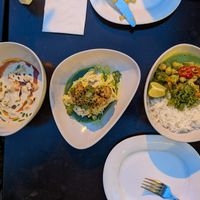 Georgian dumplings, fava puree, green curry at Cuma in Istanbul