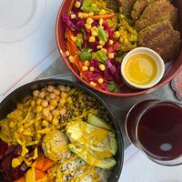 Vegan Falafel Bowl // Vegan Buddha Bowl // Fermented Red Carrot Juice   at LEVEL - Vegan & Gluten Free in Antalya