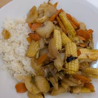 Veg stir fry with rice at Food Works Sharrow in Sheffield