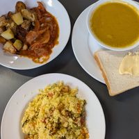 Couscous with roast veggies, cabbage stew with potatoes and root veggie soup at Food Works Sharrow in Sheffield
