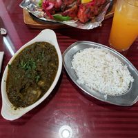 aloo palak: potato in spinach curry and basmati rice at Pal's Indian Cuisine in Kentwood
