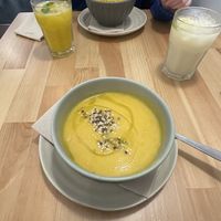 Soup starter and drinks  at A Minha Avó in Lisbon