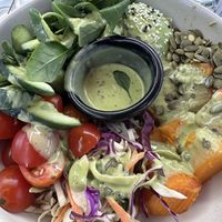 Nourish bowl made dairy free is vegan. You can add felafel however they advised these are fried in the same frier as meat  at Harrigan's Hunter Valley in Pokolbin