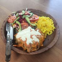 Lasagna without pasta with salad and rice at La Colmena in Mazunte