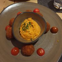 Sweet potato and mushroom croquettes, romesco sauce at Hornox in Zermatt