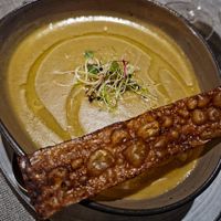 Lentils soup with vegan lard at Hornox in Zermatt