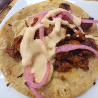 Al pastor taco (Loco style) with vegan cheese melted between two tortillas. #Veganuary at 3 in 1 Restaurant in Indianapolis