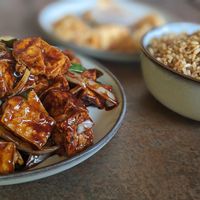 Tofu and brown rice at Wok And Slice in North London