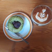 Matcha anko muffin and oat milk dirty chai latte at COFFEE SENTI in Motobu