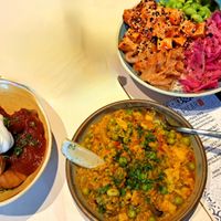 Patatas bravas with vegan aioli, Korean bowl (without fried egg), and vegan paella at The Midland in Beaumaris