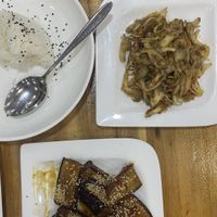 Eggplant, mushrooms and rice  at Vegetarian in the Golden Age in Vientiane