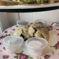 Vegan Blueberry scones with raspberry jam and vegan clotted cheese (more like a whipped cream)  at Robinson's Tea Room in Stony Brook