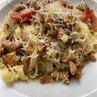 Tagliatelle with mushrooms and vegan parmesan (seasonal)  at Biondo in Frankfurt