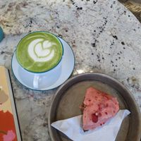 Soy matcha latte and strawberry scone (seasonal flavor) at The Little Tart Bakeshop in Atlanta