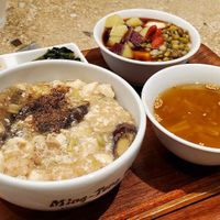Lunch set, with the White Mapo Tofu option and soy desert option (both yum). Also pictured are the curry mushroom soup and side dishes. at Ming-Teng HAO HAO in Tokyo