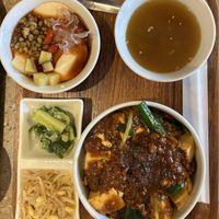Vegan Lunch set with Mapo Tofu, Miso Soup, Pickles and Sweet Soy Bean Soup 🍲   at Ming-Teng HAO HAO in Tokyo