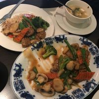 Vegetarian Beef with mixed vegetables and brown rice. at Amy's Restaurant in New York City