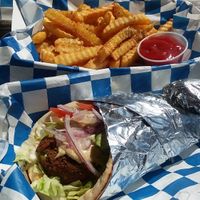 Vegan gyro sandwich (falafel pita) and fries with oregano. From Gyros 2 Go food truck. at Celebration Park Naples in Naples
