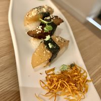 Pear nigiri and shiitake nigiri   at MUDRA Plant Based  in Madrid