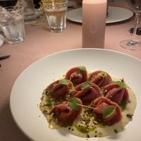 Ricotta tortellini in a lemon, thyme and pistachio sauce  at MUDRA Plant Based  in Madrid