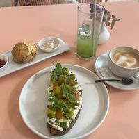 Brunch: Sourdough Bread + Scone + Decaf latté + Cucumber drink   at MUDRA Plant Based  in Madrid