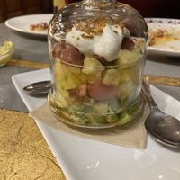 Vegan tartar with tapioca fake salmon that melts in your mouth  at Amberes The Vegetarian Wine And Cocktail Bar in Valencia