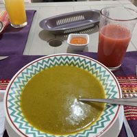 Soup with strawberry drink  at Las Veganas in Medellin