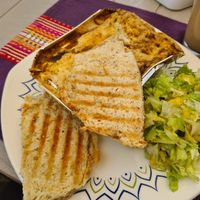 Lasagne and salad and bread at Las Veganas in Medellin