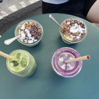 Chia/ oat bowl and blueberry protein smoothie/ frozen matcha lattee  at Oslo Raw Frogner in Oslo