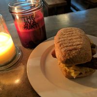"The Local" sandwich with a half glass of the Pink Power juice at Jivamukti Canteen in Berlin