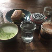 Matcha Latte, 'The Local' Sandwich, Breakfast Cacao Jar, Makao. at Jivamukti Canteen in Berlin