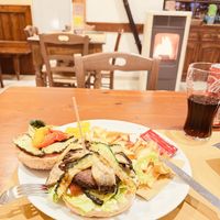 Vegan burger with fries   at Brandibirra in San Vincenzo