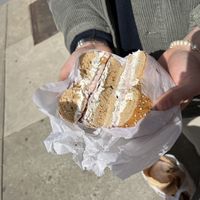 Whole wheat everything with tofu scallion cream cheese, tomato, onion  at Bagel Bob's in New York City