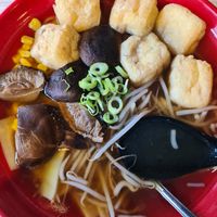 Tofu puffs and mushroom ramen in shoyu broth at Nudo Noodle House in Newcastle Upon Tyne